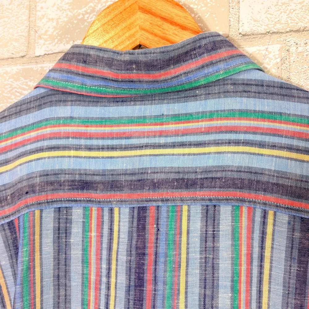 Black Brown Mens Linen Blue Striped Button Down Shirt XL Roll Tab Coastal Preppy